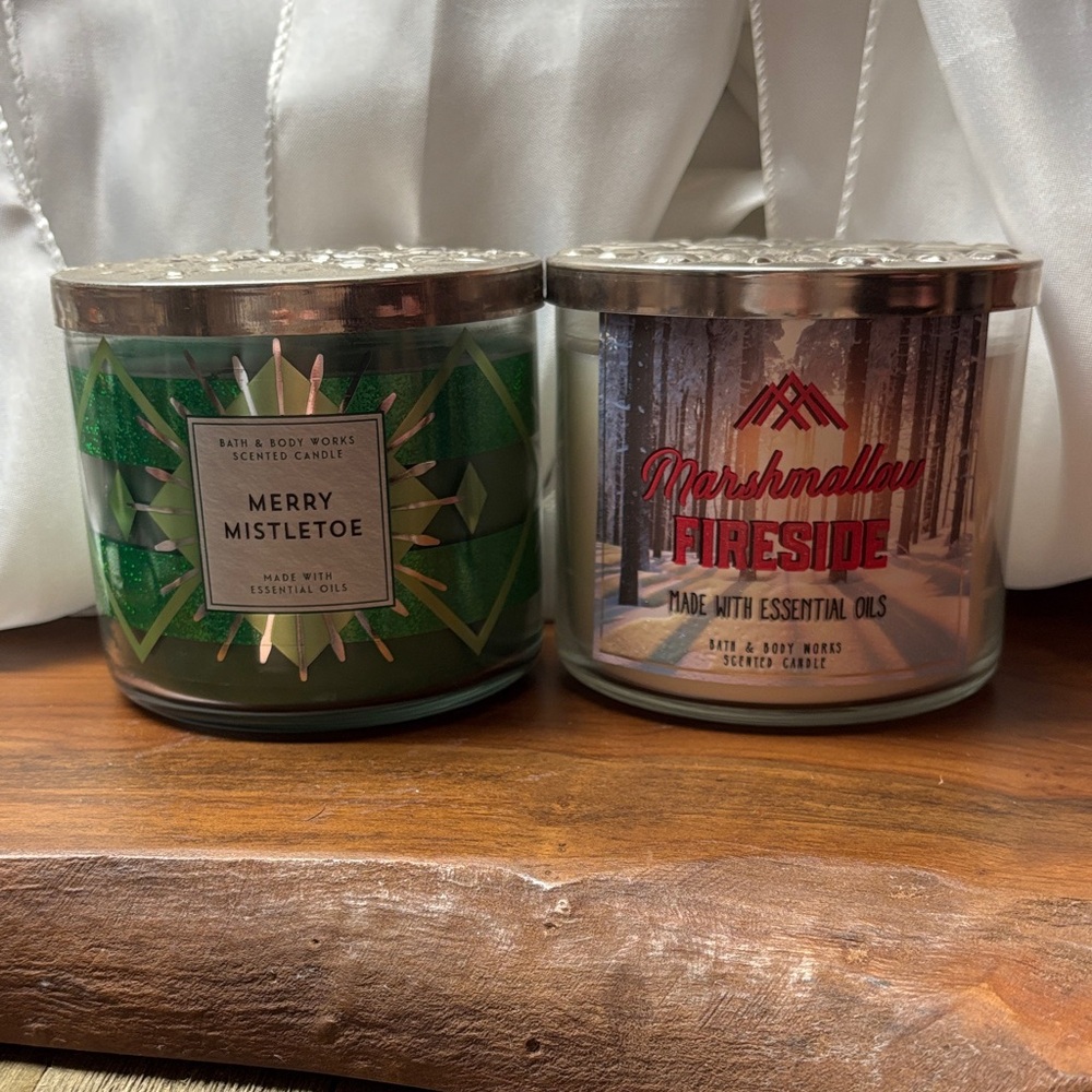 Bath & Body Works Merry Mistletoe and Marshmallow Fireside 3-wick Candles